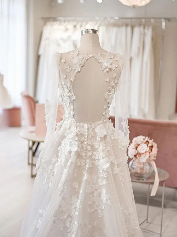 Luolandi A Line Beach Wedding Dresses See Through Long Sleeve Lace Appliqued Beautiful